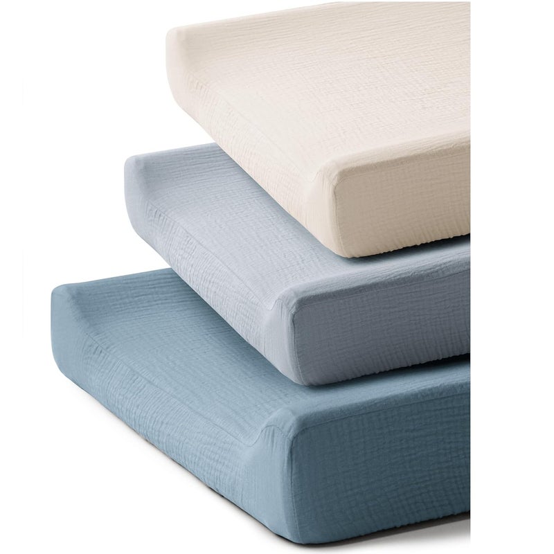Coreeky 3 Pack Muslin Changing Pad Covers for Girl Boy, 100% Soft Cotton Changing Table Cover, Breathable Baby Nursery Diaper Chang Pad Sheets (Blue) - Image 1